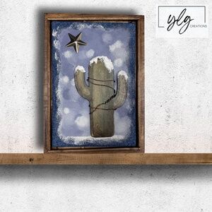 Cactus Mixed Media Wall Art Saguaro Snow Winter Desert Wood Arizona 6 x 8